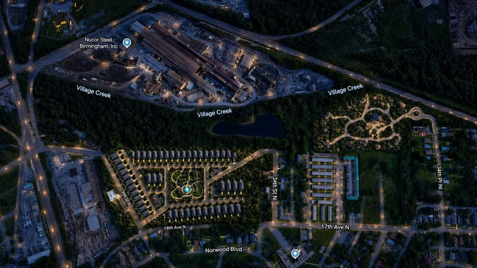 Site context aerial with Village Creek and the surrounding streets labeled