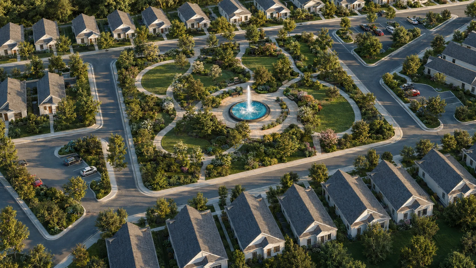Close aerial of the central park and its fountain surrounded by homes