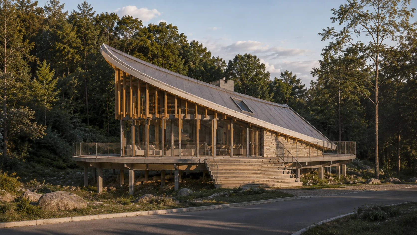 Cabin front elevation showing the elevated structure and curved timber roof