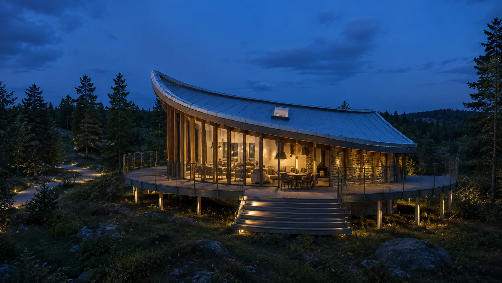 Cabin at night with warm interior lighting glowing through large glazing