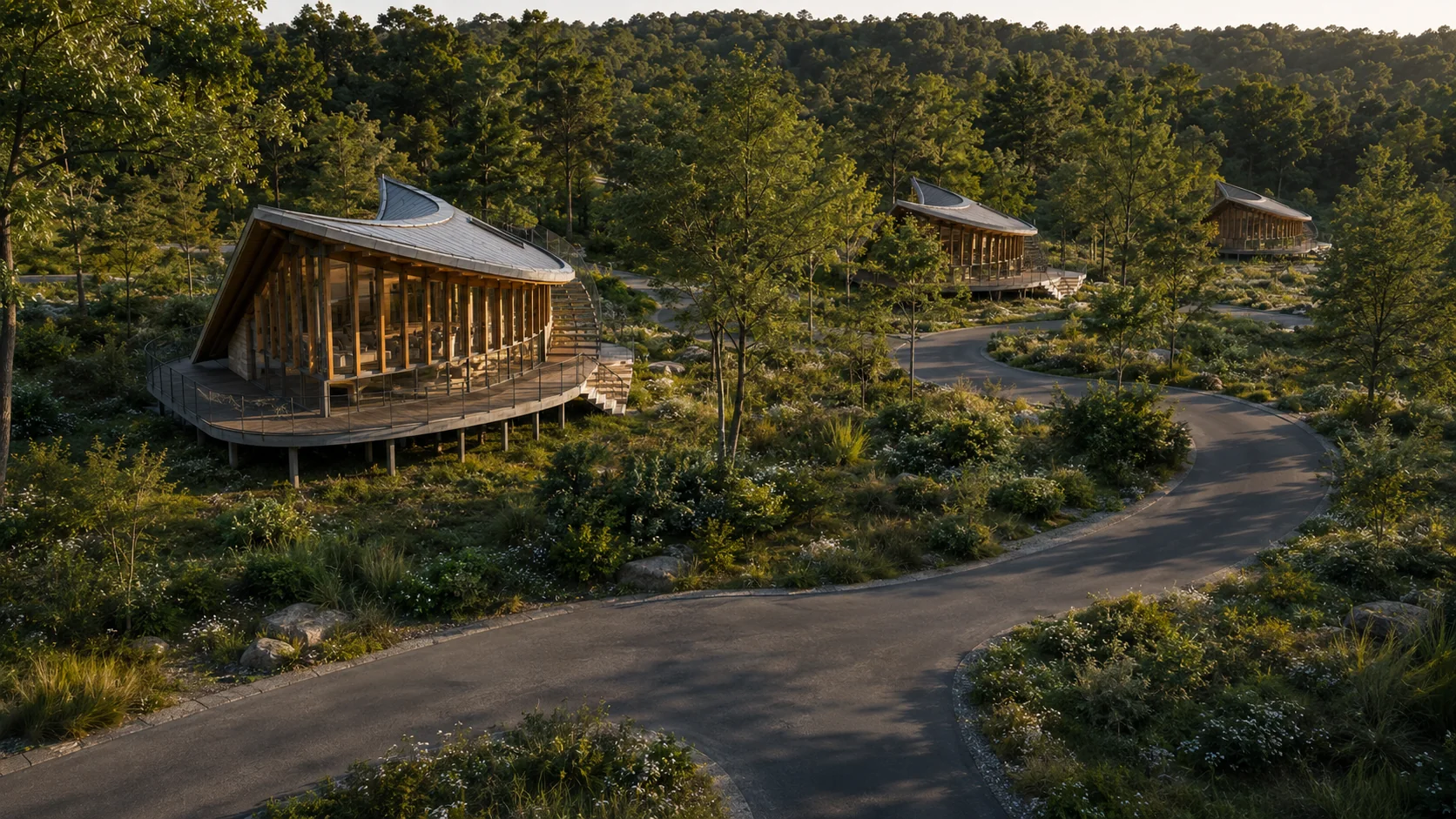 Two elevated cabins along the internal drive of the retreat