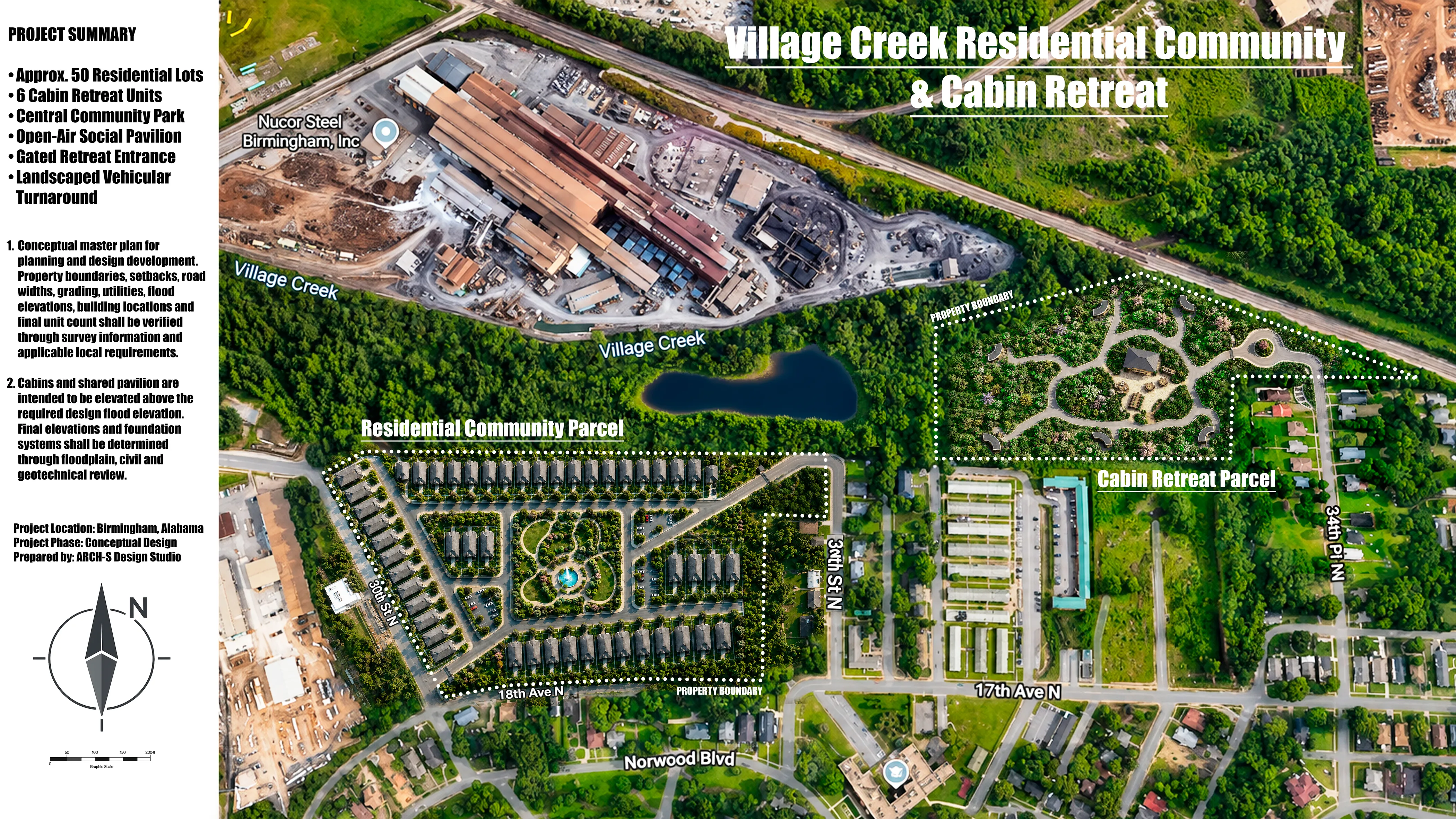 Annotated site development board showing the Residential Parcel and the Cabin Retreat Parcel with project summary