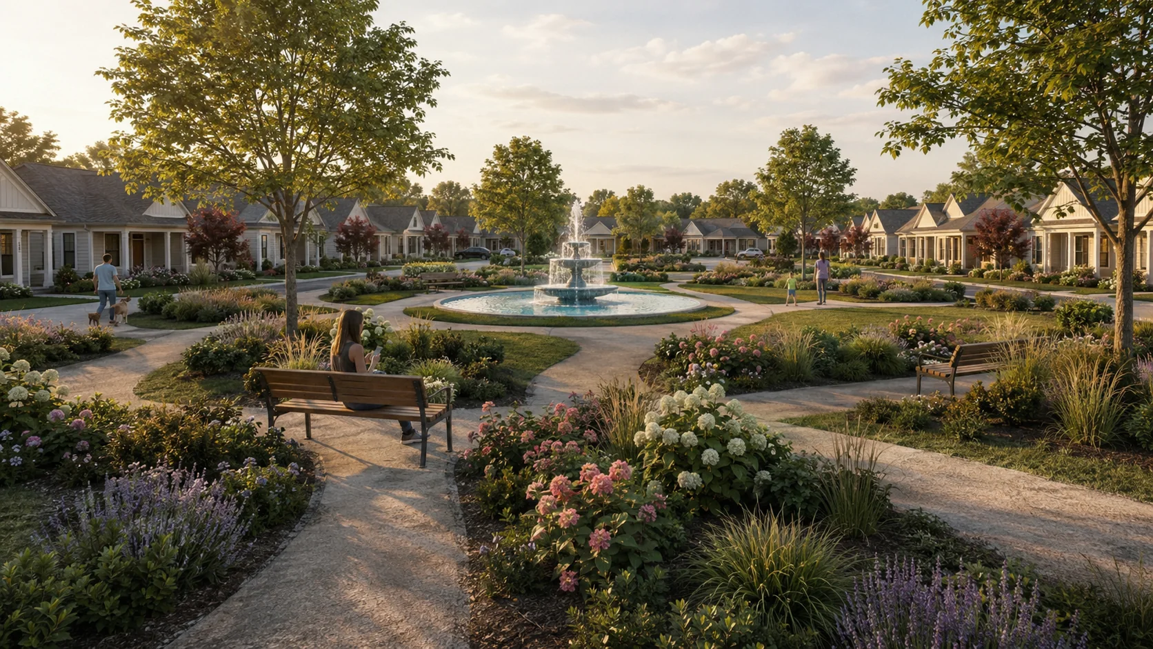 Pedestrian view inside the central park with the fountain and seating areas