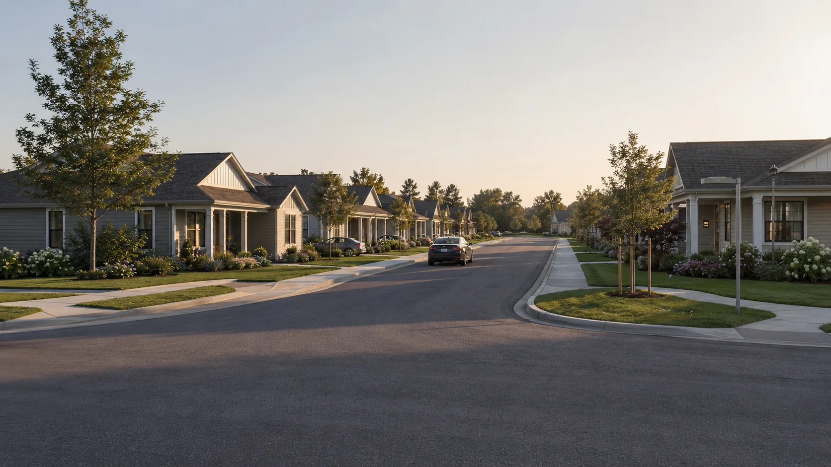 Street level view of the homes along a residential street