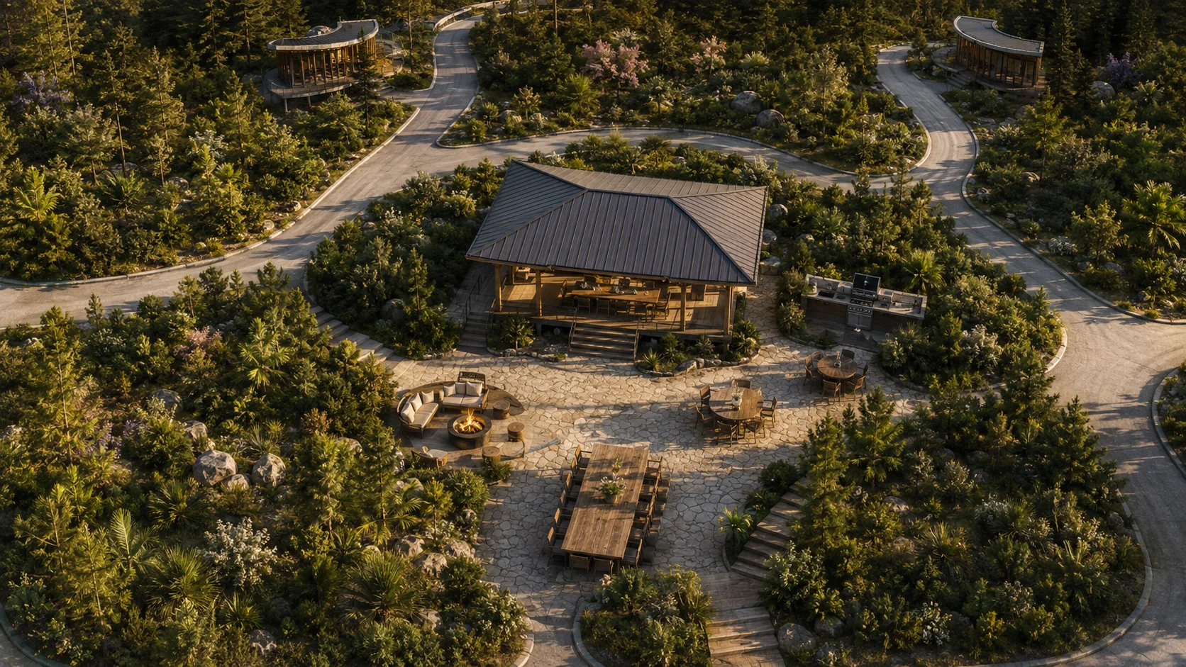 Aerial view of the central gathering pavilion and picnic area in the cabin retreat