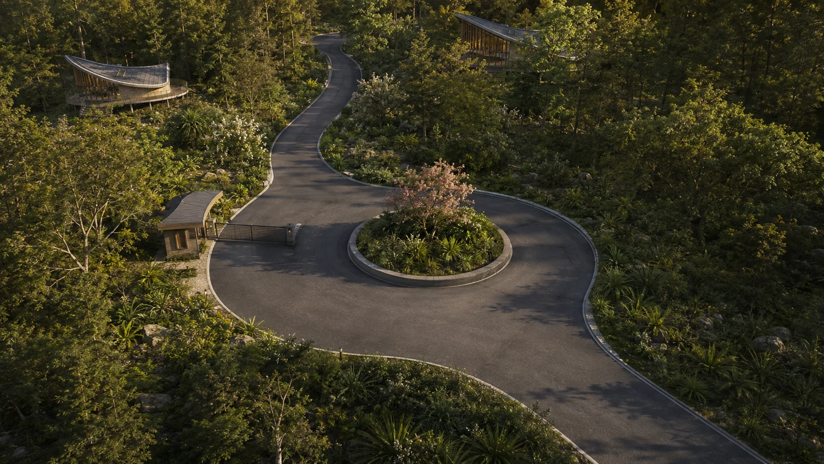 Retreat arrival turnaround with its landscaped central island